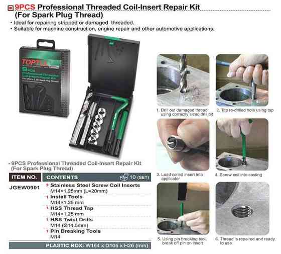 Набор для восстановления резьбы свечных отверстий TOPTUL М14х1,25 JGEW0901 Харків