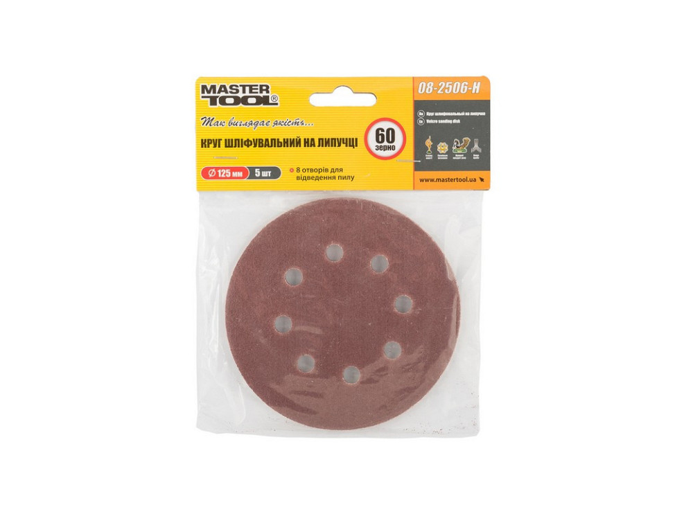 Круг шлифовальный на липучке MASTERTOOL 125 мм/8 отв P60 набор 5 шт 08-2506-H Харків - зображення 4