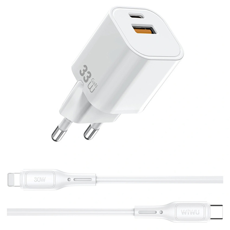 СЗУ WIWU G018 Cube PD33W+QC3.0 GaN (1USB-A/1C) + кабель Type-C to Lightning Херсон - изображение 4