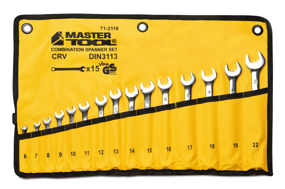 Ключи комбинированные MASTERTOOL SATIN FINISH набор 15 шт (6–19/22 мм) CrV DIN 3113 в чехле 71-2116 Харьков - изображение 1