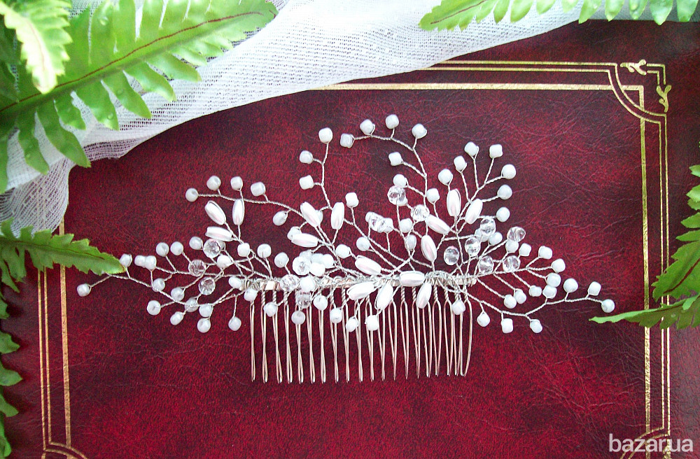 гребінь весільний для святкової зачіски перли кришталь білий айворі великий під фату Луцьк - зображення 1