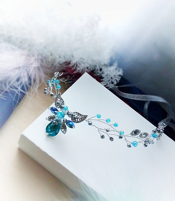 Ельфійська діадема срібний блакитний гілка обідок обруч косплей листя крапля фентезі виступ Луцьк - зображення 4