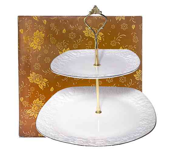 Подставка 2-ярусная SNT для десертов, фруктов и бутербродов белая с золотом Одесса