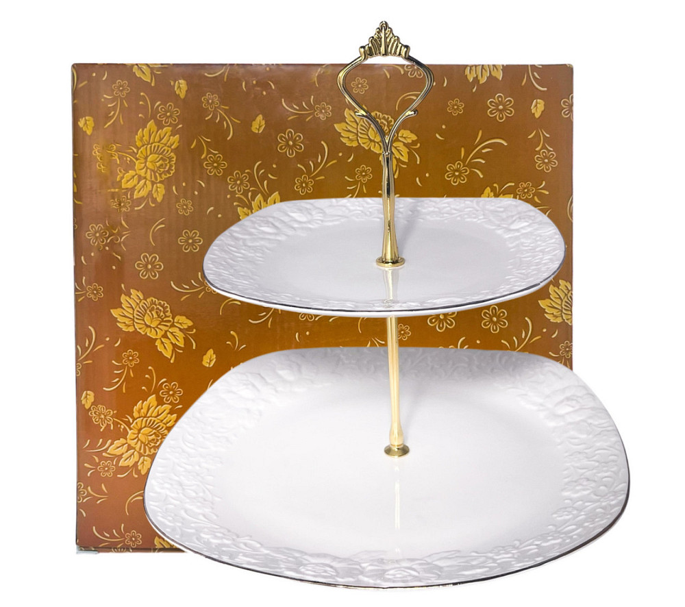 Подставка 2-ярусная SNT для десертов, фруктов и бутербродов белая с золотом Одесса - изображение 1