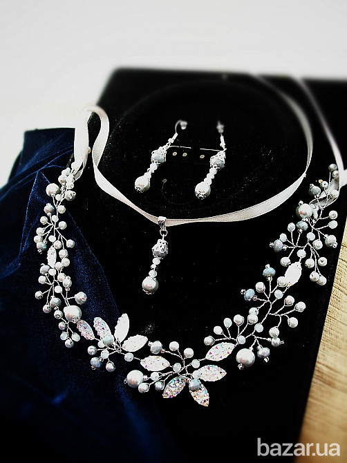 Перлинна мрія комплект срібний колір сірий перли намистини кришталь для волосся сережки Луцьк - зображення 2