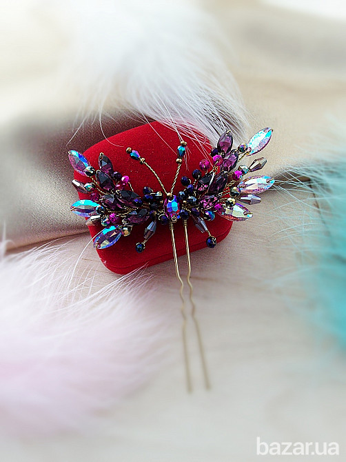 Морфо метелик шпилька заколка аметистовий фіолетовий райдужний для волосся аксесуар подарунок Луцьк - зображення 2