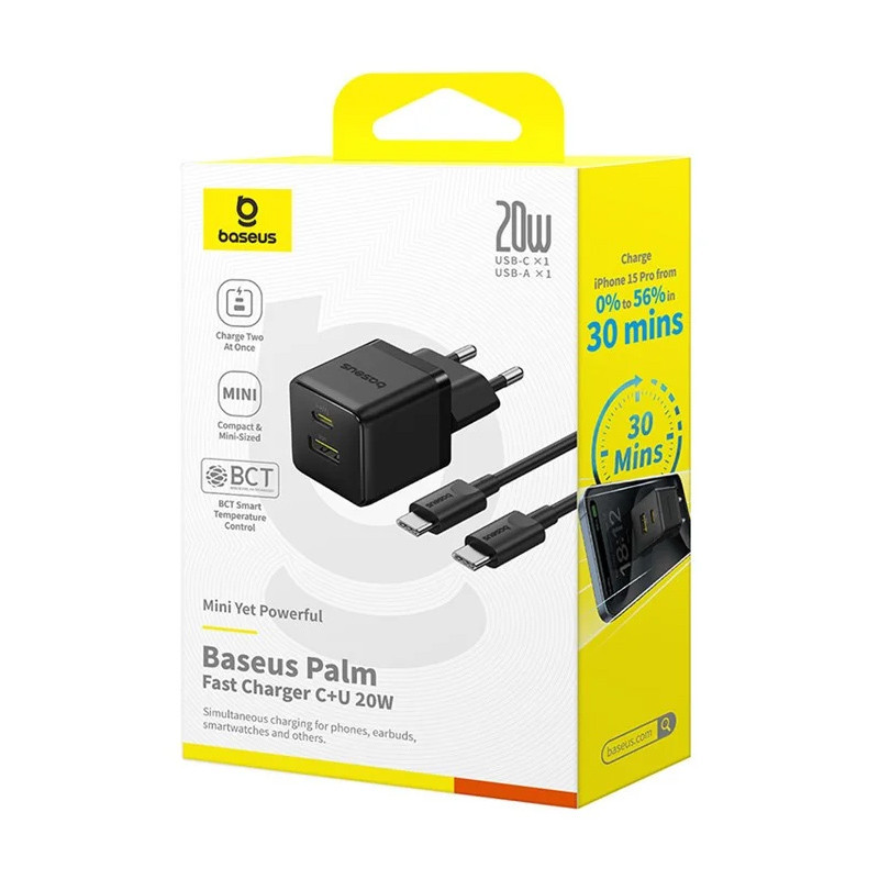 СЗУ Baseus Palm Fast Charger 20W (1USB-A/1C) + кабель Type-C to Type-C (P10111608) Херсон - изображение 6