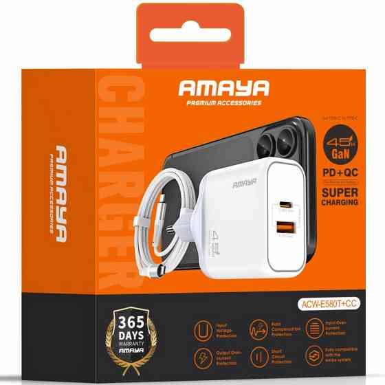 СЗУ Amaya E580T PD45W+QC3.0 GaN (1USB-A/1C) + кабель Type-C to Type-C Херсон