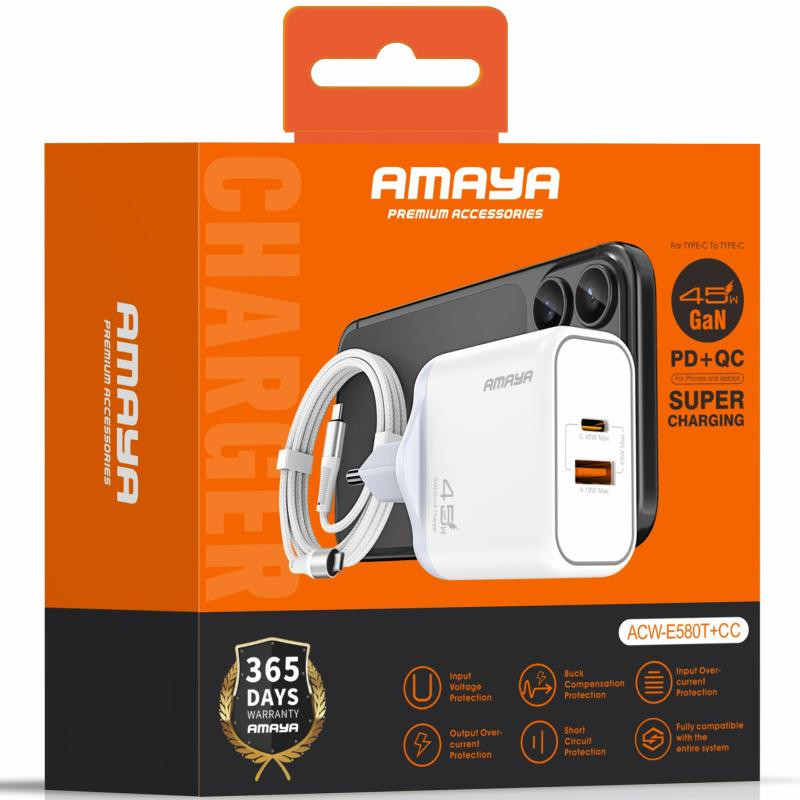 СЗУ Amaya E580T PD45W+QC3.0 GaN (1USB-A/1C) + кабель Type-C to Type-C Херсон - изображение 2