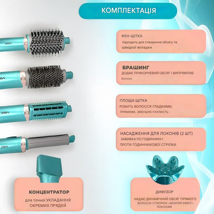 Фен-стайлер VGR 7 в 1 V-477 GREEN 1400 Вт зеленый Київ - зображення 9
