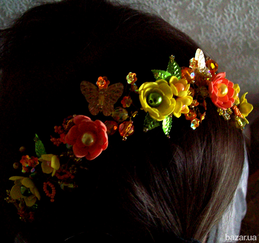 Весеннее настроение гибкий обруч венок веточка для девочки яркое украшение желтый оранж салатовый Луцьк - зображення 2