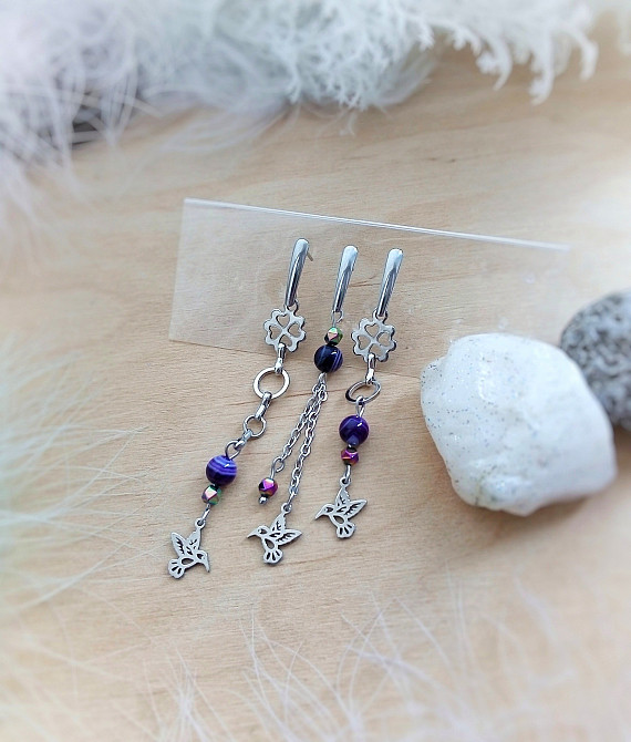 Колібрі агат мінерал камінь сталь кольє намисто фіолетовий бузковий шию подарунок підвіски конюшина Луцьк - зображення 6