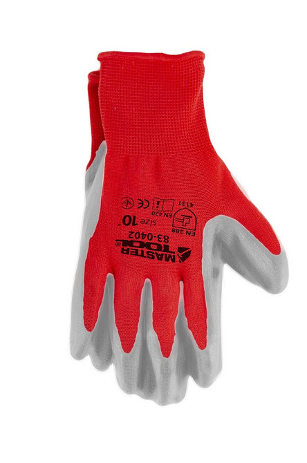 Перчатки трикотажные бесшовные MASTERTOOL нитриловое покрытие ладони 10" красно-серые 83-0402 Харьков - изображение 2