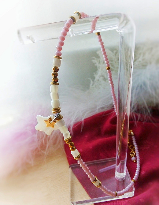 Чокер зірка перламутр натуральний гематит мушля білий пудровий бузковий золотий на шию Луцьк - зображення 3