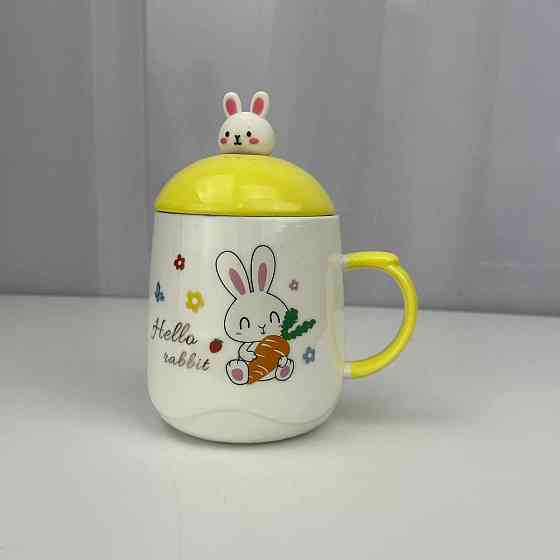 Кружка з кришкою та ложкою Кролик 6466 400 мл біла жовта Киев