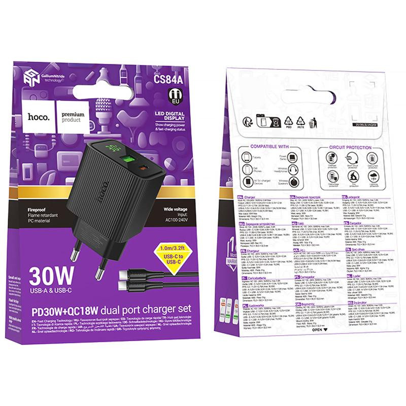 СЗУ Hoco CS84A Excellent with digital display PD30W+QC3.0 (1USB-A/1C) + кабель Type-C to Type-C Херсон - изображение 2