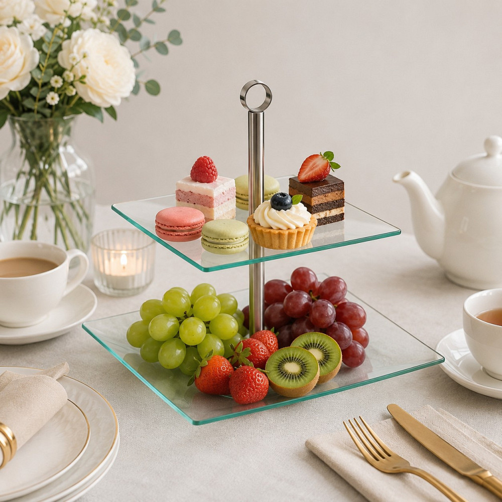 Этажерка стеклянная квадратная двухъярусная Kamille 21/25/30 см для пирожных, фруктов и десертов KM- Одеса - зображення 6