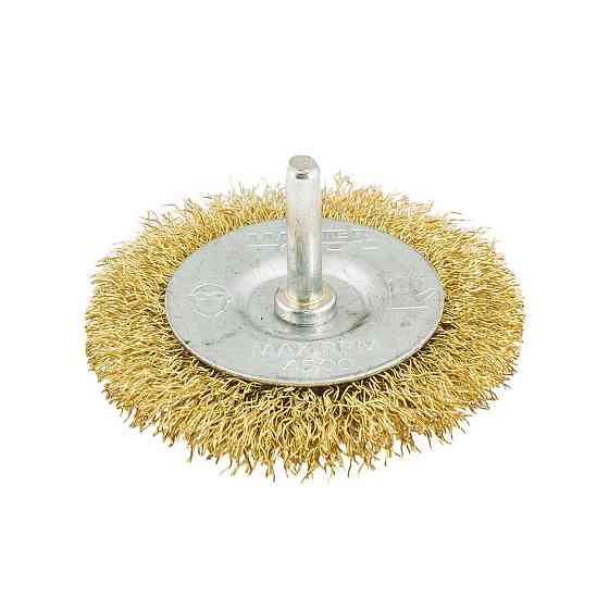 Щетка дисковая MASTERTOOL из латунированной рифленой проволоки Ø 75 мм со стержнем ¼" 19-9707 Харьков