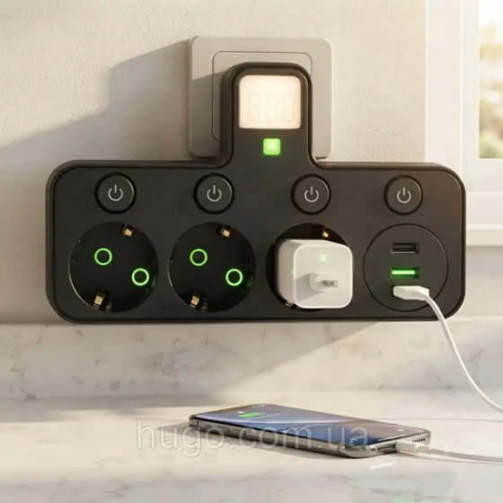Мережевий фільтр з підсвічуванням 3 розетки, 2500Вт (2хUSB + Type-C) J24U / Трійник у розетку. Одеса