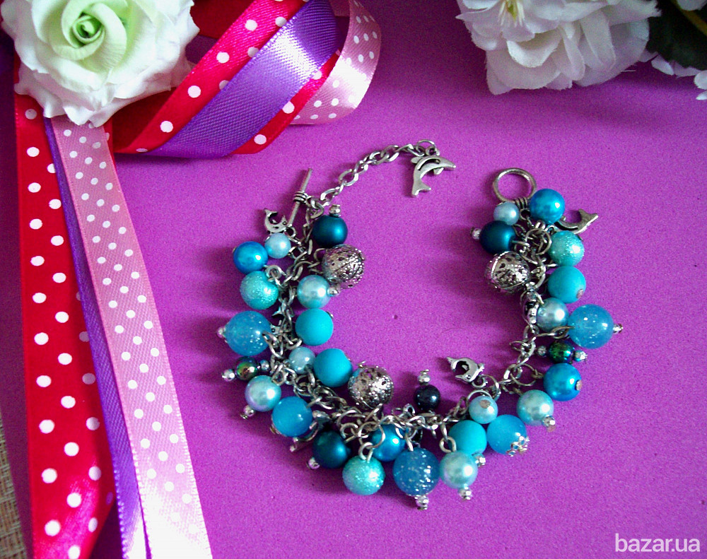 Летний яркий браслет на цепочке ручная работа голубой фиолетовый оранжевый розовый Луцьк - зображення 2