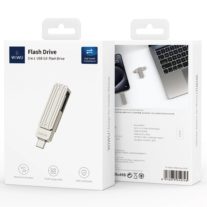 Флеш-накопитель WIWU Wi-FD001 3in1 (USB-A/C/L) USB 3.0 — 256GB Херсон - зображення 2