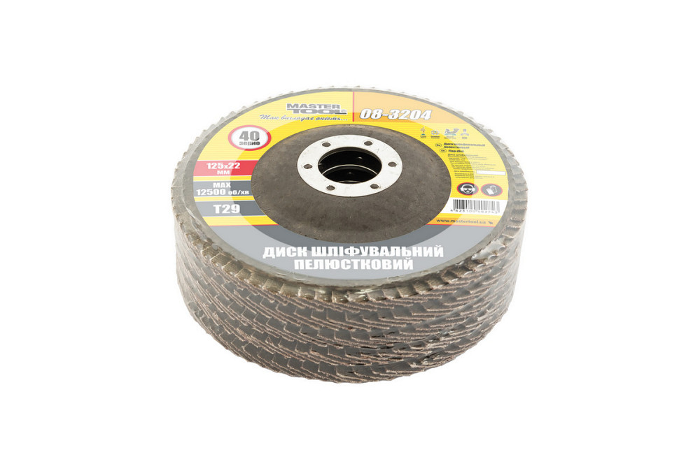 Диск шлифовальный лепестковый конусный MASTERTOOL Т29 зерно 40 125х22 мм 5 шт 08-3204PC Харків - зображення 2