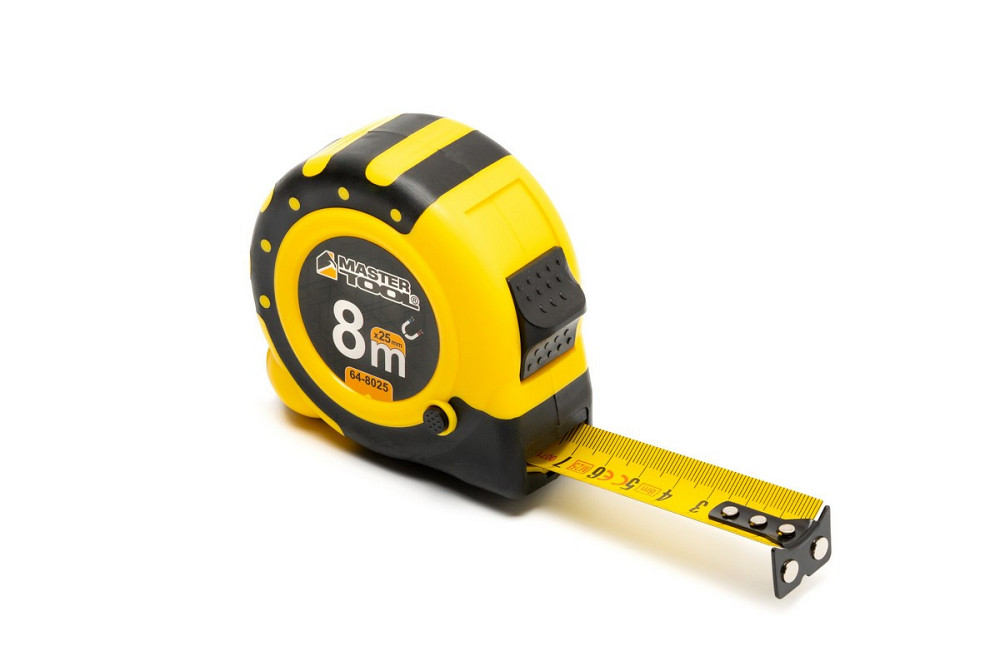 Рулетка MASTERTOOL 8 м х 25 мм с магнитами 2 фиксатора кнопка STOP покрытие TPR нейлоновое покрытие  Харьков - изображение 1