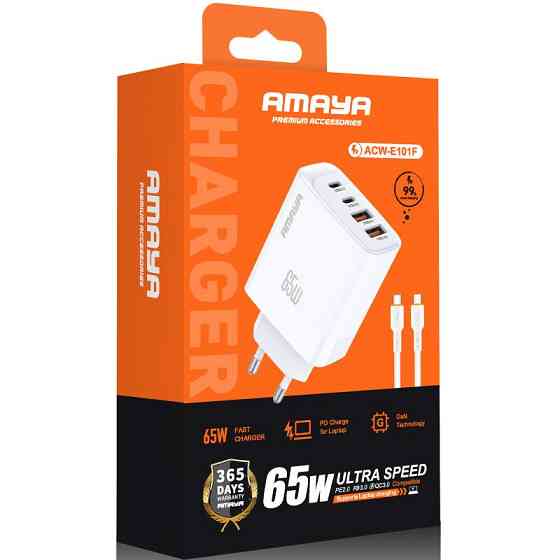 СЗУ Amaya E101F PD65W+QC3.0 GaN (2USB-A/2C) + кабель Type-C to Type-C Херсон