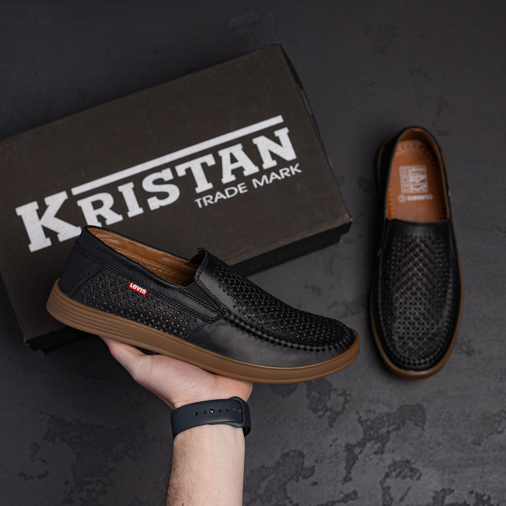 Мужские летние кожаные мокасины  LS перфорация Black Київ - зображення 10