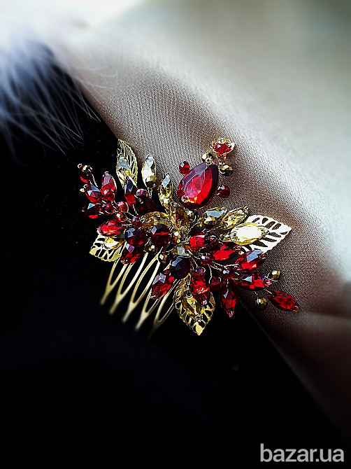 Індійські мотиви рубін гребінь для волосся східні танці стиль червоний гранатовий винний бордо золот Луцк - изображение 1