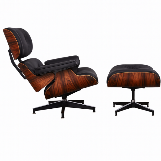 Крісло Релакс з отоманкою, чорна шкіра, колір дерева палісандр Дніпро