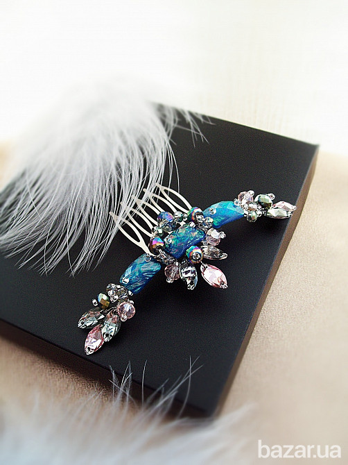 Візантія гребінь заколка синій малахіт багатобарвний вечірня прикраса оригінальна в зачіску на голов Луцьк - зображення 2