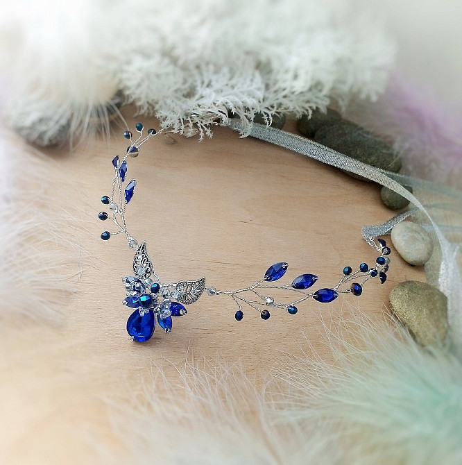 Ельфійська діадема тіара корона синій срібний на чоло обруч гілка косплей фотосесія тематична вечірк Луцк - изображение 2