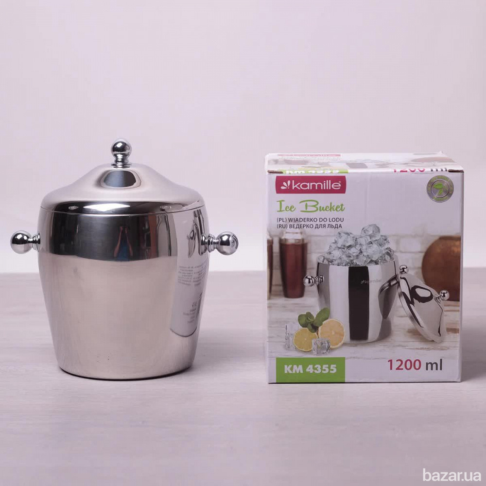Ведро для льда и шампанского Kamille с крышкой из нержавеющей стали 1200 мл Одеса - зображення 1