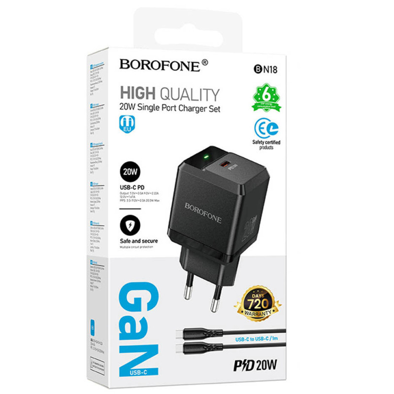СЗУ Borofone BN18 Intenso PD20W (1USB-C) + кабель Type-C to Type-C Херсон - зображення 2