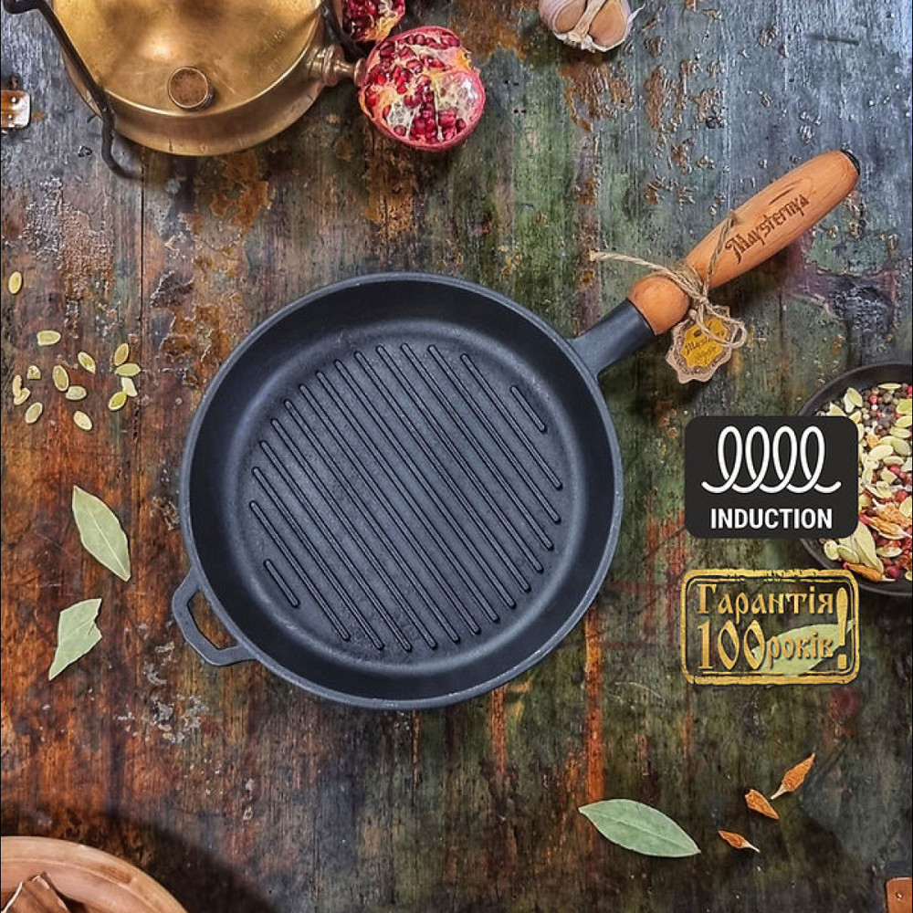 Сковорода-гриль чугунная Maysternya с деревянной ручкой 24 см Т308 Одеса - зображення 4