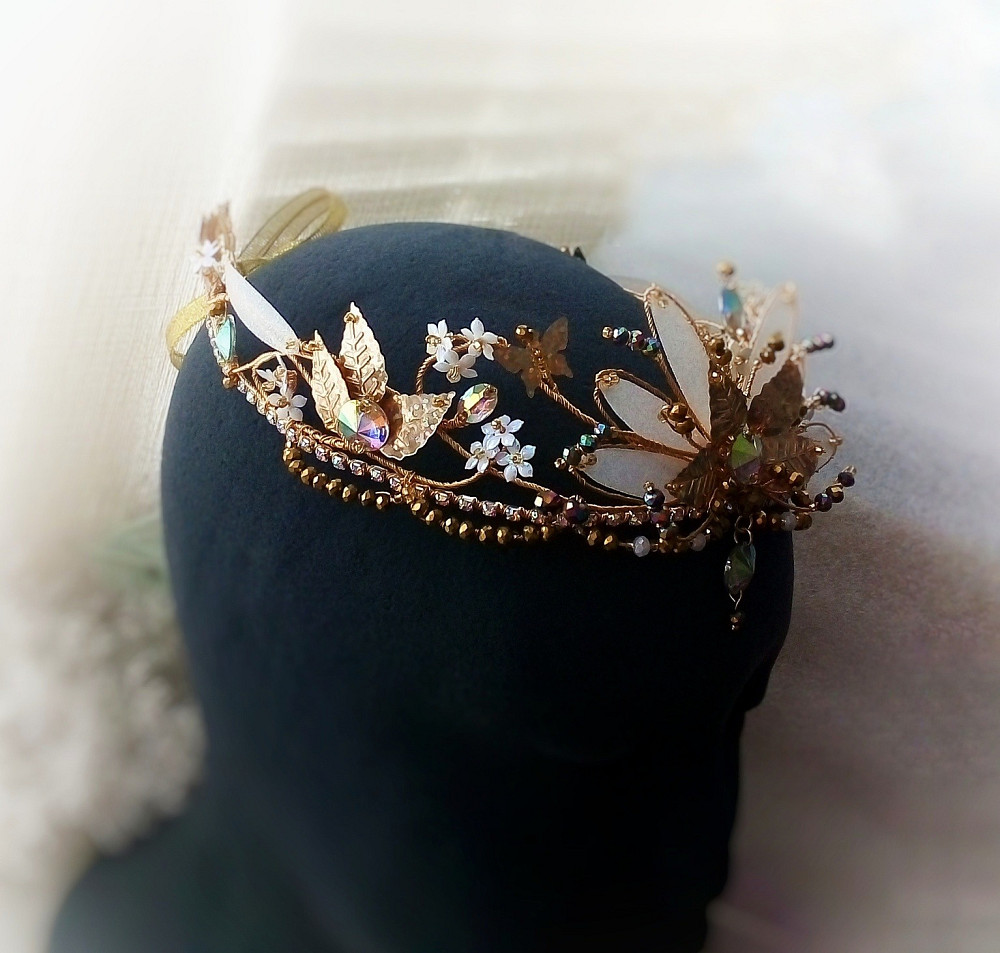 Фея тіара діадема корона косплей білий метелики квіти листя плетена з дроту балетна голову весільна Луцьк - зображення 4