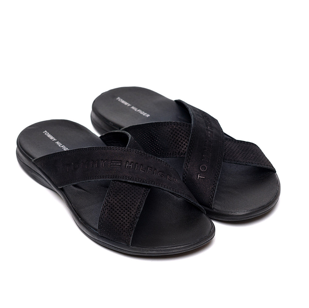 Мужские кожаные  летние шлепанцы-сланцы Tommy Hilfiger Black Київ - зображення 3