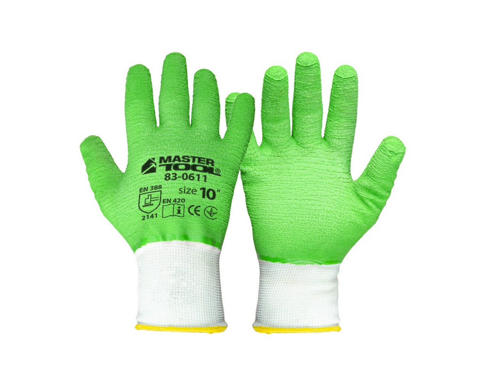 Перчатки трикотажные бесшовные MASTERTOOL полное ребристое латексное покрытие 10" подвес зеленые 83- Харьков - изображение 1