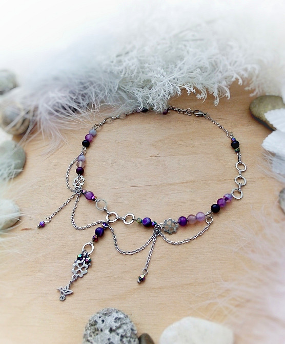 Колібрі агат мінерал камінь сталь кольє намисто фіолетовий бузковий шию подарунок підвіски конюшина Луцьк - зображення 5