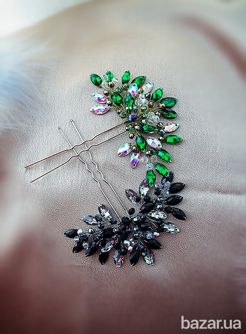 радужные шпильки чёрный зелёный заколка прическу волос нарядное украшение аксессуар Луцьк - зображення 3