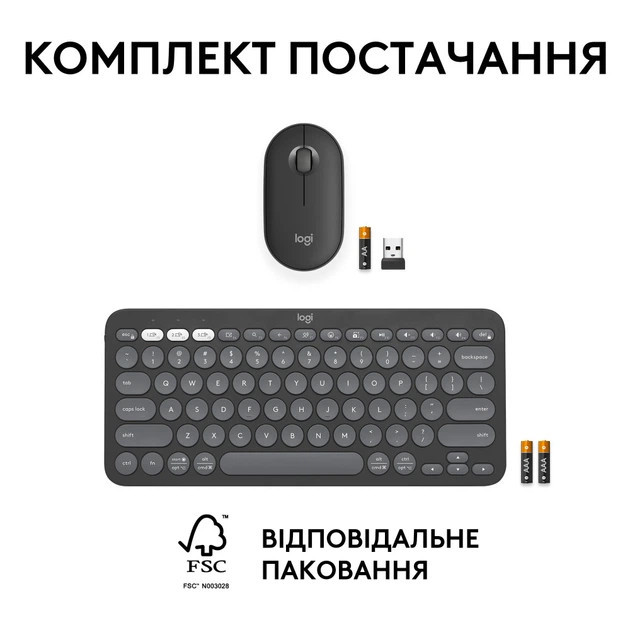 Комплект клавиатуры и мыши компьютерные беспроводные Logitech Pebble 2 Combo Graphite Wireless L920- Киев - изображение 3