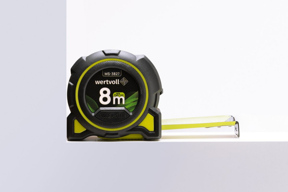 Рулетка WERTVOLL 8 м х 27 мм фиксатор полотна кнопка STOP покрытие TPR нейлоновое покрытие противоск Харків - зображення 5