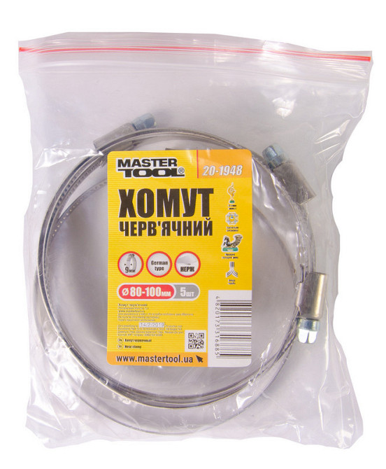Хомут червячный MASTERTOOL German type W2 DIN 3017 9.0 мм Ø 80-100 мм 5 шт 20-1948 Харьков - изображение 2