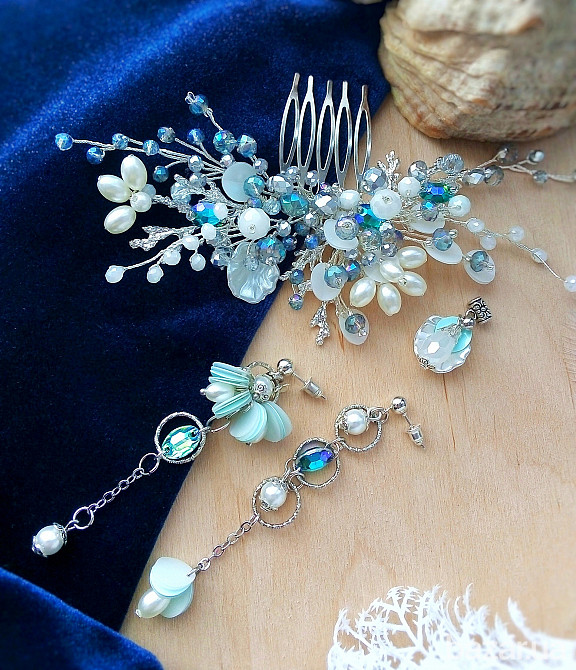 Подводный мир набор авторских украшений серьги и гребень заколка море ракушка кораллы Луцк - изображение 1