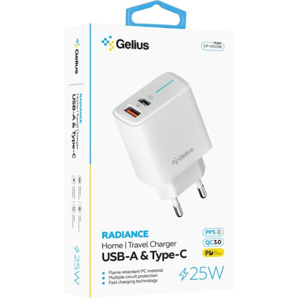 Мережевий зарядний пристрій Gelius Genesis Radiance GP-HC058 25W USB+Type-C QC PD White (Код товару: Харьков - изображение 3