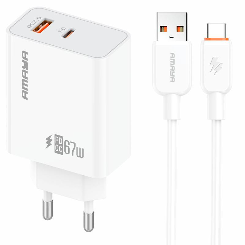 СЗУ Amaya E72D PD67W+QC3.0 (1USB-A/1C) + кабель USB to Type-C Херсон - зображення 1