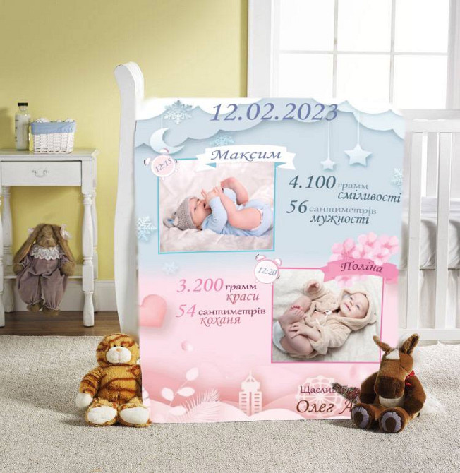 Плед 3D зі своїми побажаннями з метрикою Близнюки в блакитно-рожевих обіймах для близнюків/двійнят з Киев - изображение 1
