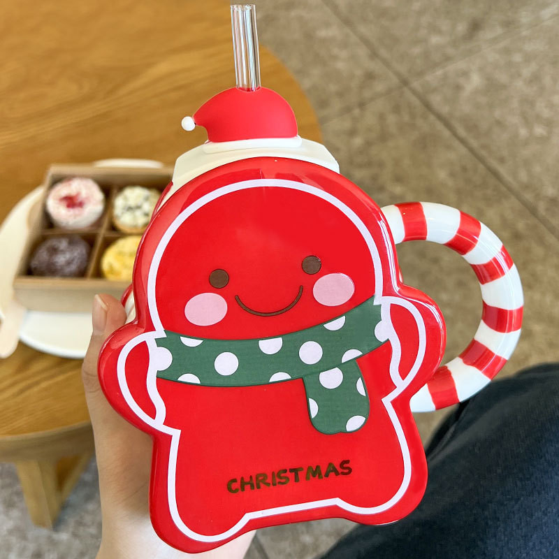 Кружка з трубочкою новорічна Пряничний чоловічок з шарфом 13677 380 мл червона Київ - зображення 1