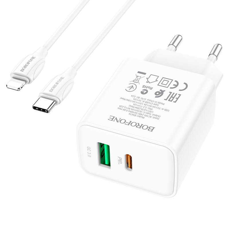 СЗУ Borofone BA67A PD20W+QC3.0 (1USB-A/1C) + кабель Type-C to Lightning Херсон - изображение 3